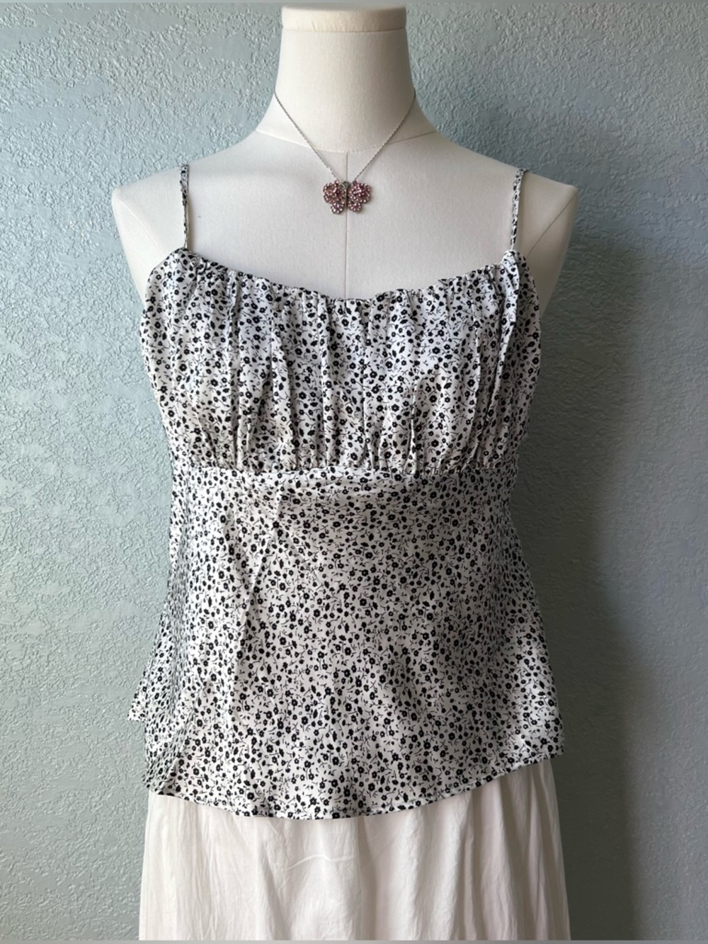 Black And White Floral Cami Top Ruched Bust Cottagecore Babydoll Medium